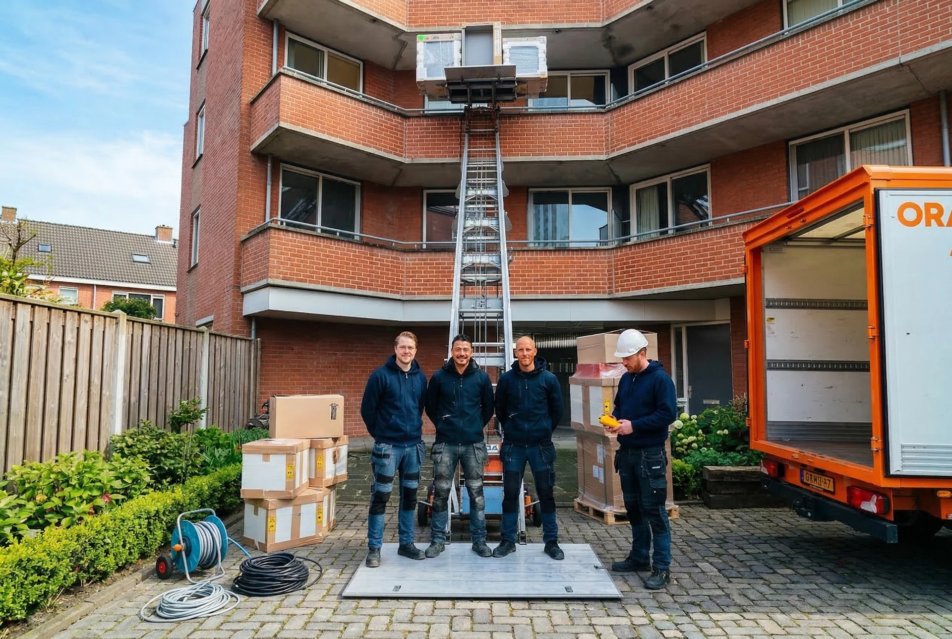 Verhuisteam aan het werk met gedalift bij appartement in Hoorn