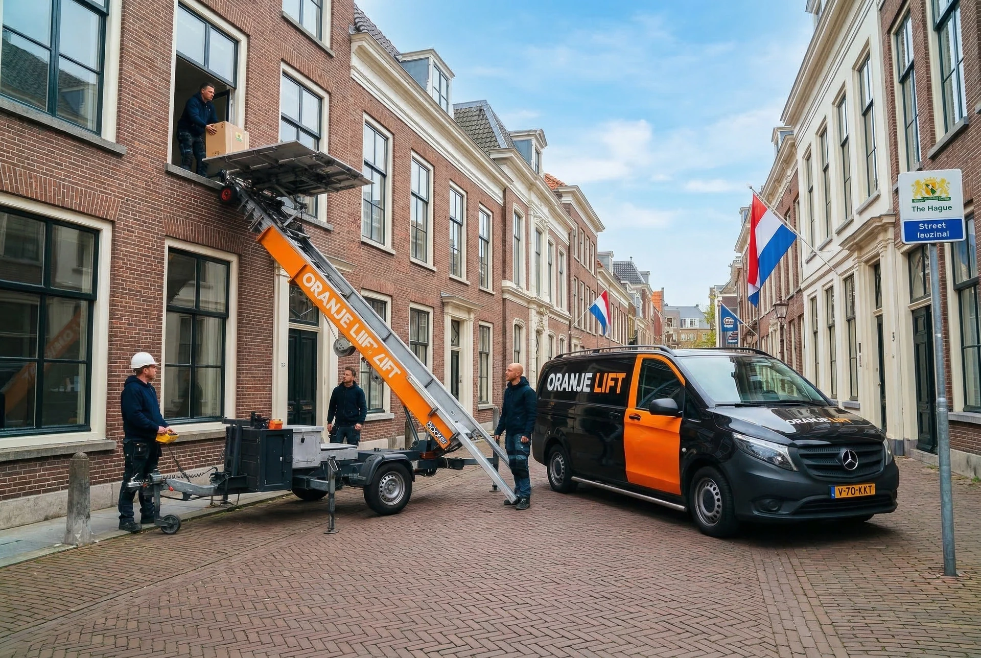Ladderlift in actie bij appartement in Hoorn